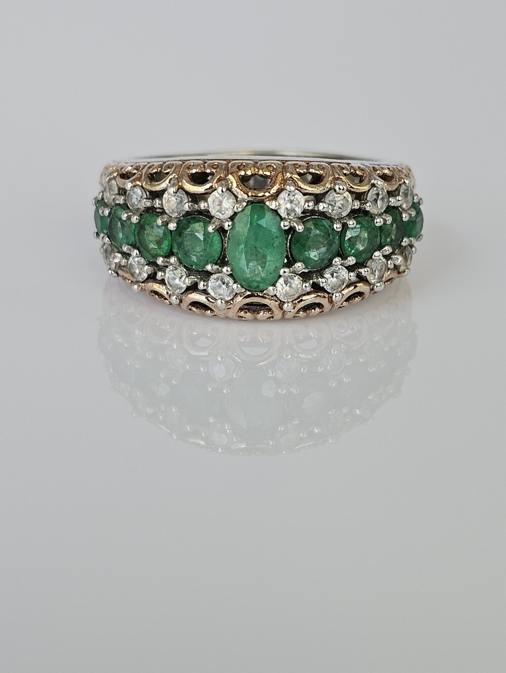 Gems en Vogue Grizzly Emerald & Zircon Palladium Sterling Silver 18k Ring Sz 8!